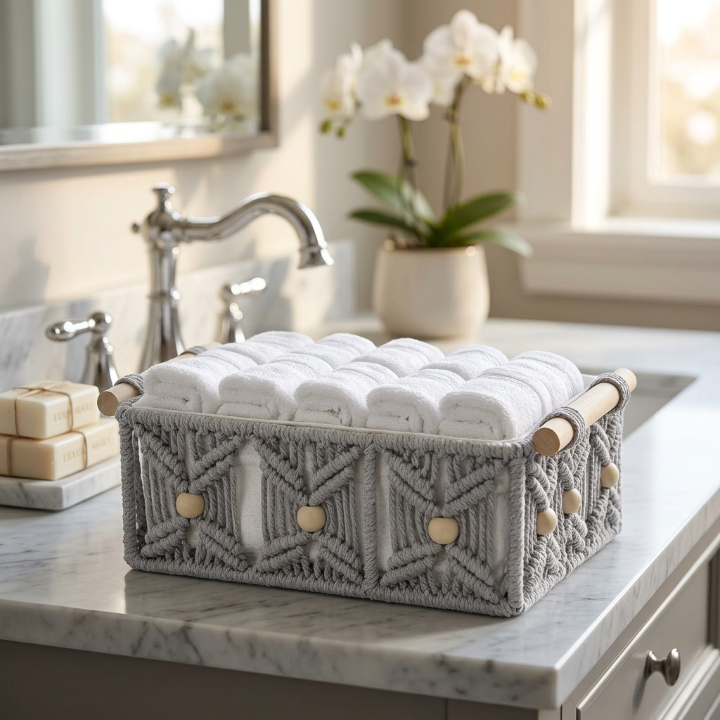 Rectangular Open Cloth Storage Box with Wooden Handles Grey – 30×15cm