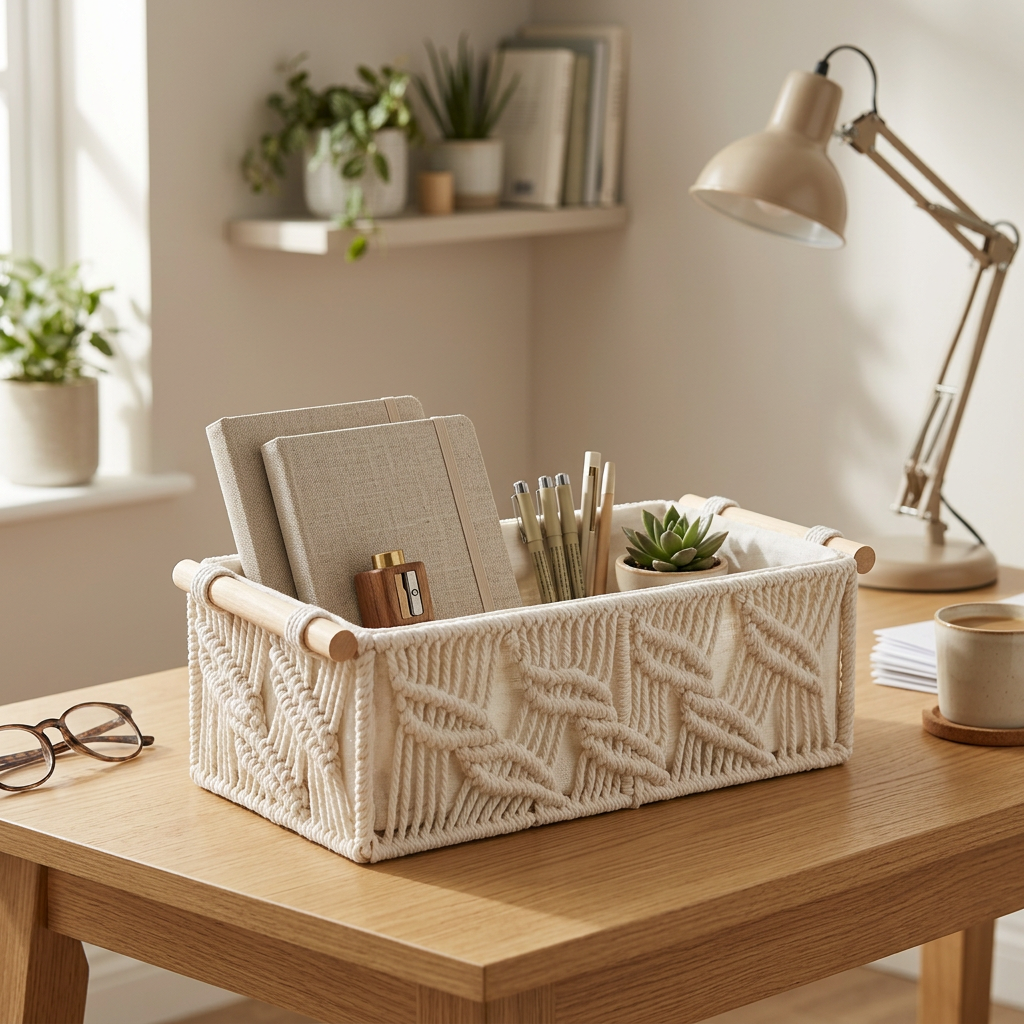 Rectangular Open Cloth Storage Box with Wooden Handles Cream  – 35×17cm