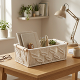 Rectangular Open Cloth Storage Box with Wooden Handles Cream  – 35×17cm