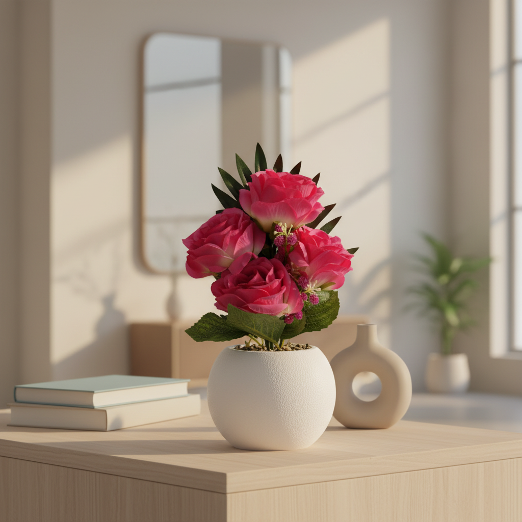 Artificial Rose Flower Plant Pink with White Plastic Pot - 30cm