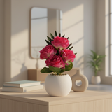 Artificial Rose Flower Plant Pink with White Plastic Pot - 30cm