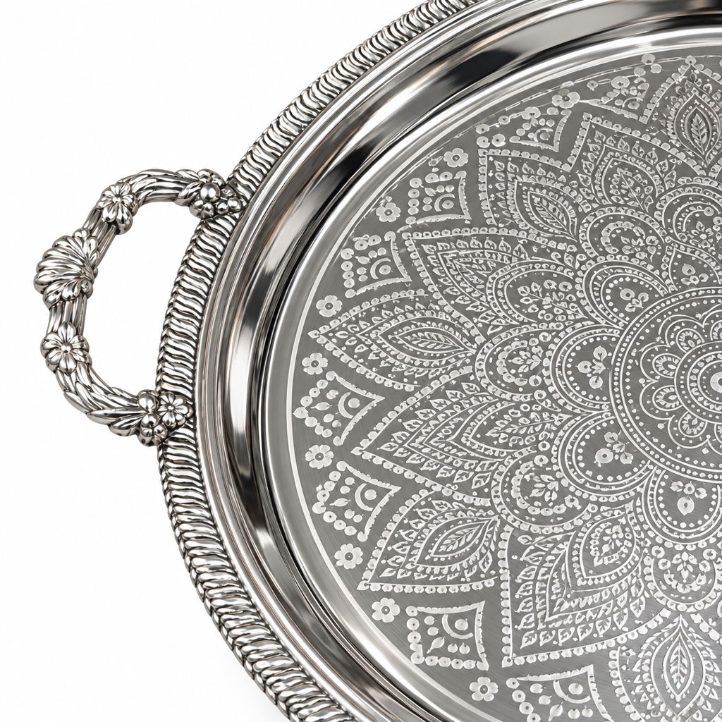 M.E.W Round Stainless Steel Serving Tray with Handles Silver  - 53cm