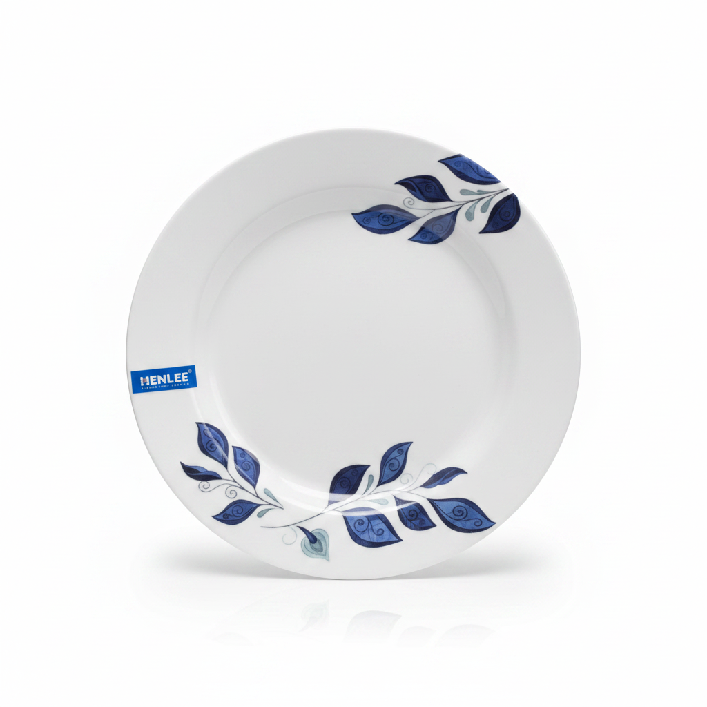 Henlee White & Blue Melamine Flat Plate - 10 Inch