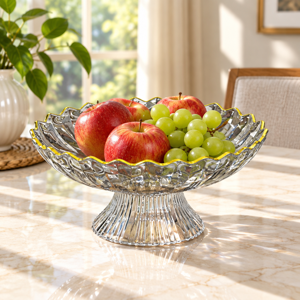 Plastic  Footed Fruit Plate with Gold-Accent Rim - 23×10cm