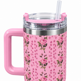 Floral Stainless Steel Water Bottle with Straw and Handle Pink – 1 Litre