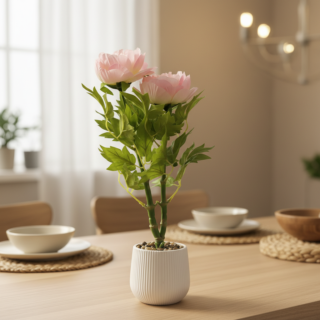 Artificial Flower Plant Light Pink with White Plastic Pot - 40cm