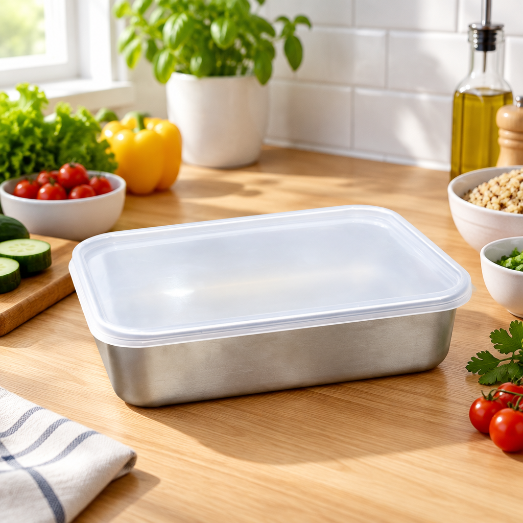 Metal Food Container with Plastic Lid Silver - 20×15cm