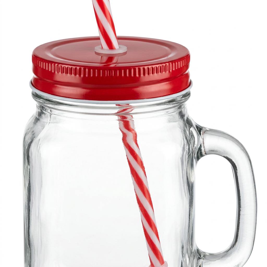 Mason Glass Jar with Handle & Straw Red - 500ml