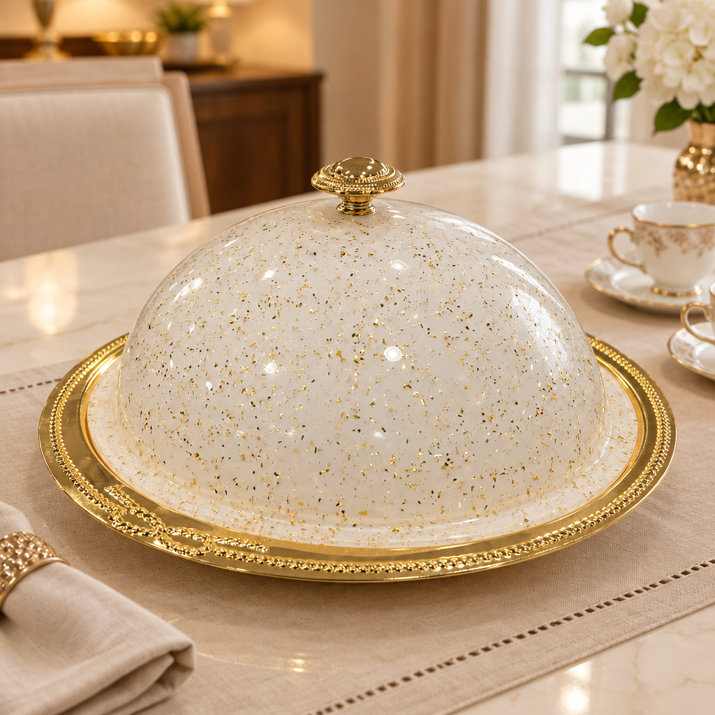 Koozie Metal Serving Tray with Acrylic Lid Gold & White  – 38×20cm