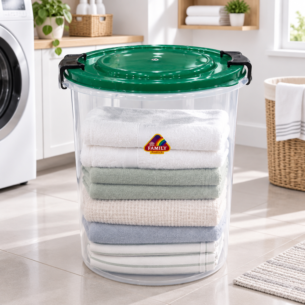 Family Plastic Storage Basket with Locking Lid - 25Litres - Green / Red / Blue