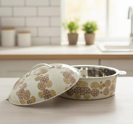 MAYFLOWER Stainless Steel Hot Pot 3500ml – White with Gold & Brown Floral Design, Stylish Insulated Pot