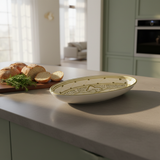 Slama White & Olive Gold Ceramic Oval Serving Plate - 31 cm