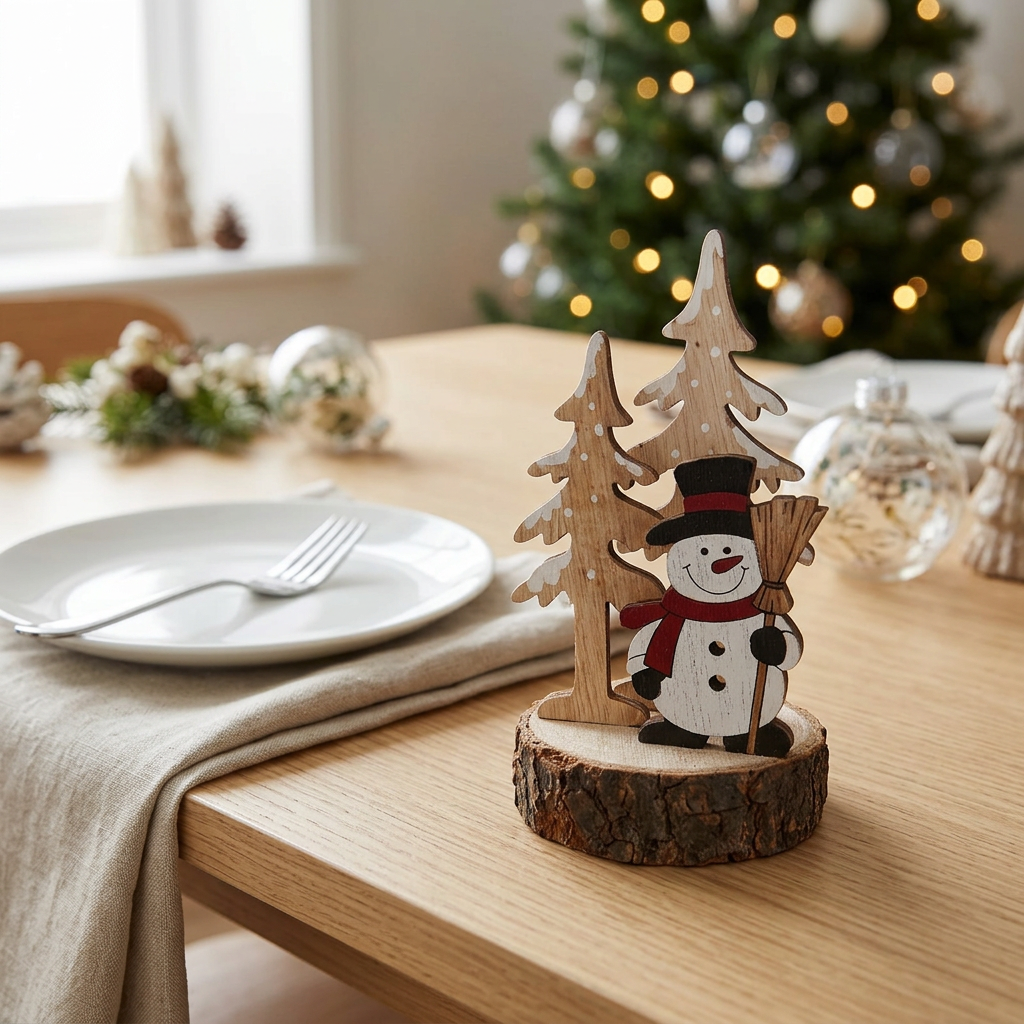 Wooden Christmas Snowman & Trees Tabletop Decoration - 12cm