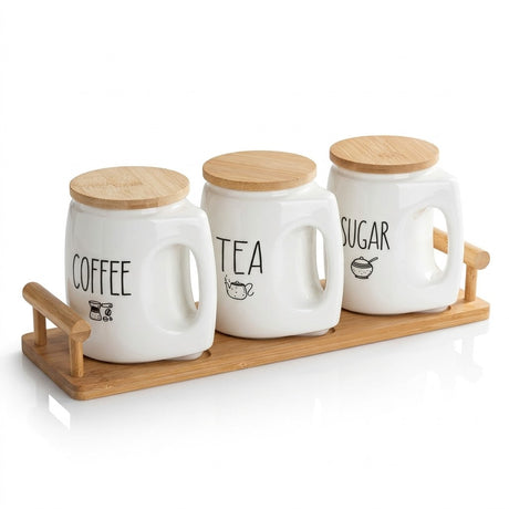 3 Pcs Ceramic Canister Set 500ml Each with Wooden Lids and Tray