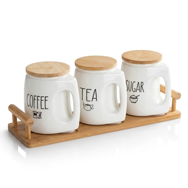 3 Pcs Ceramic Canister Set 500ml Each with Wooden Lids and Tray
