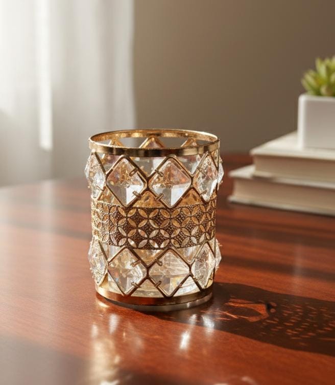 AKDC Exclusive Metal Cosmetic Holder in Shiny Gold Finish with Sparkling Diamond Crystal Detailing for Elegant Makeup Storage