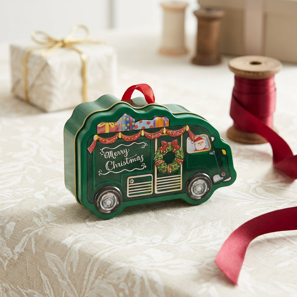 Metal Christmas Van Candy Box Green - 11cm