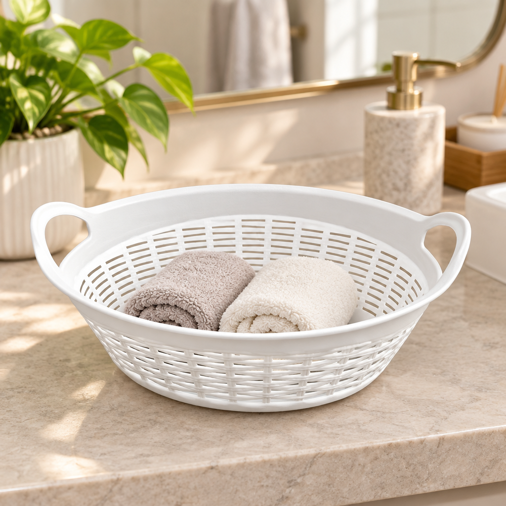 Plastic Rattan Design Storage Basket with Handles – 28×23cm
