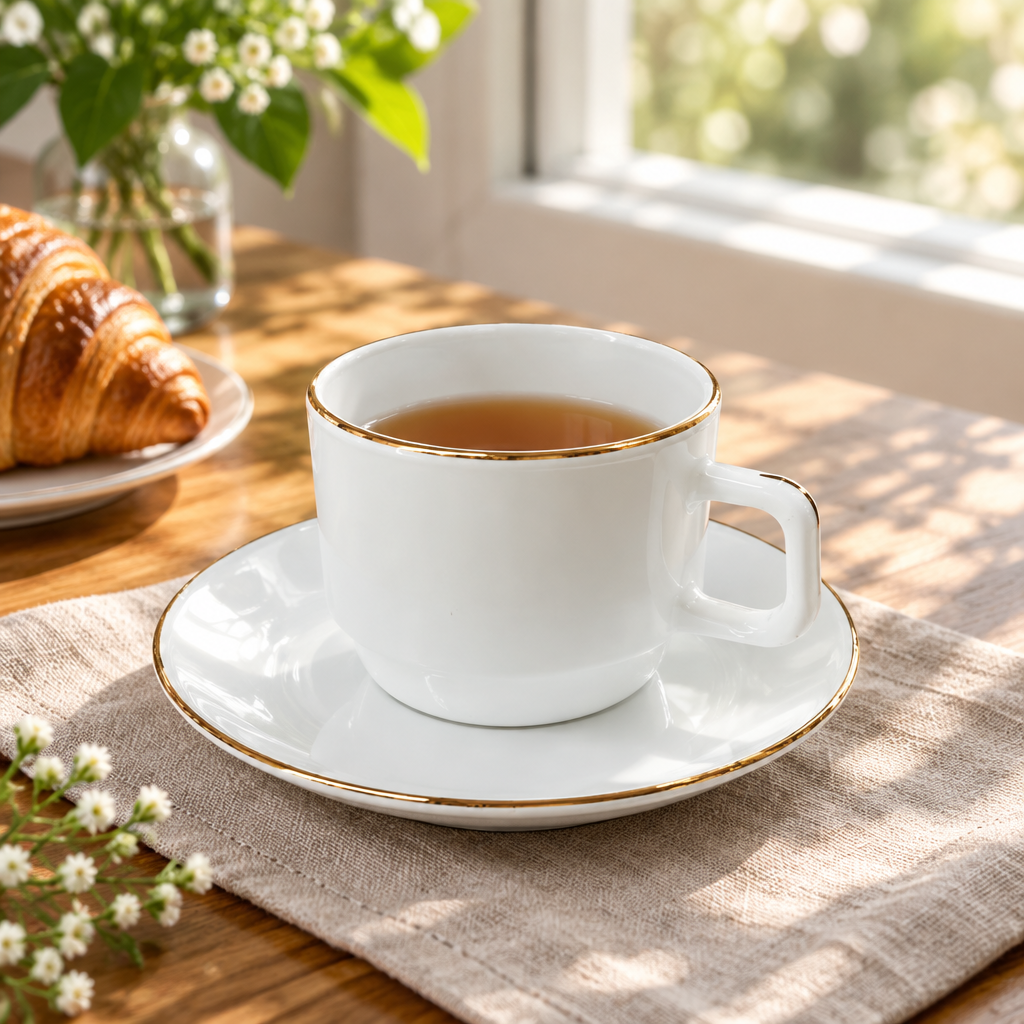 White Cup and Saucer Set with Gold Rim - 180ml