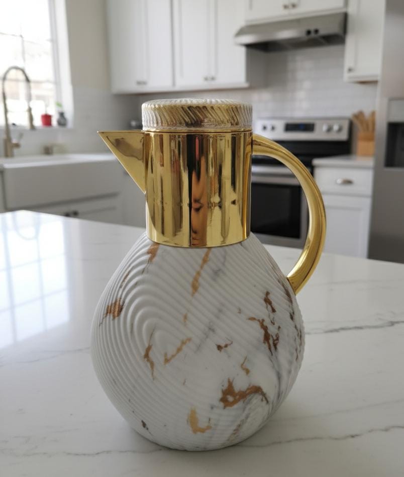 Ejshe 1 Liter Marble White Vacuum Flask – Unique Marble Texture with Gold Trim, Adds a Touch of Luxury to Your Table