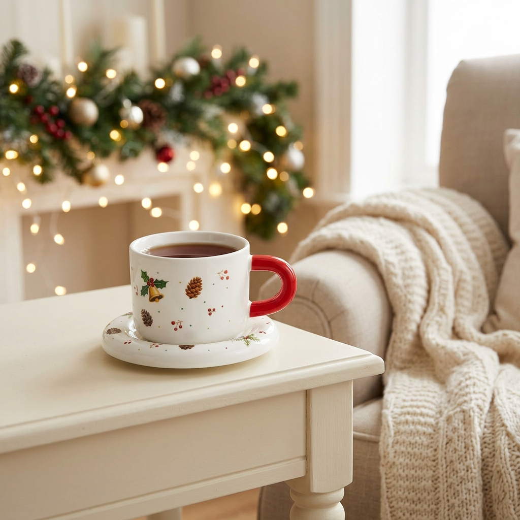 Ceramic Christmas Cup & Saucer Set White with Red Handle - 350ml