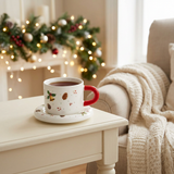 Ceramic Christmas Cup & Saucer Set White with Red Handle - 350ml