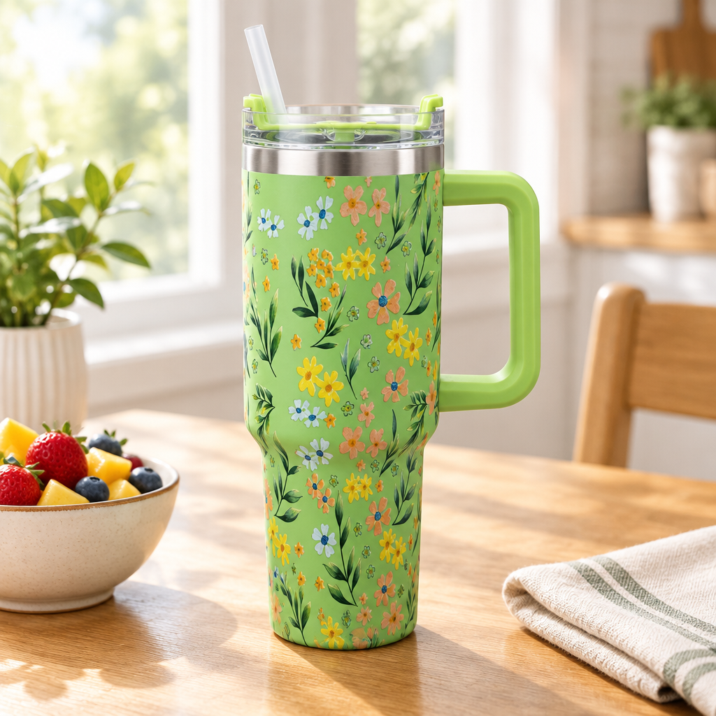 Floral Stainless Steel Water Bottle with Straw & Handle Light Green - 1 Litre
