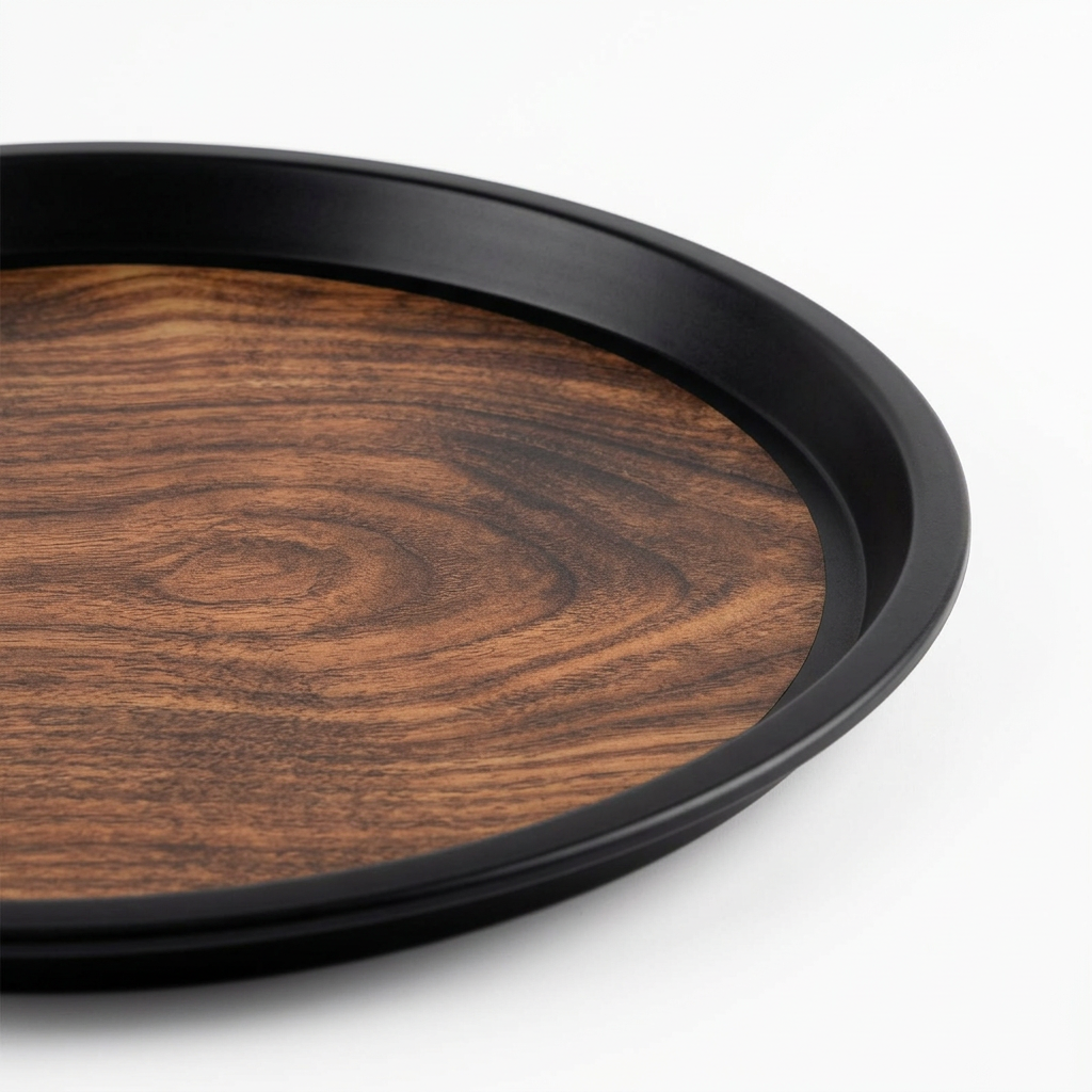 Yuniverse Round Plastic Non-Slip Serving Tray with Wood-Grain Design - 40cm