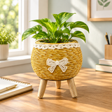 Zeem Rattan Planter Pot with Wooden Legs Yellow - 12×18cm