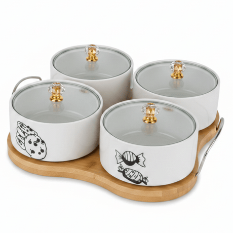 4 - Piece White Ceramic Candy Bowl Set with Black Elegant Design, Matching Lids & Bamboo Base – Premium Serving Set (21×21 cm) - Al Kabayel Discount Centre4 - Piece White Ceramic Candy Bowl Set with Black Elegant Design, Matching Lids & Bamboo Base – Premium Serving Set (21×21 cm)Jars & Food SaversAKDCAl Kabayel Discount Centre