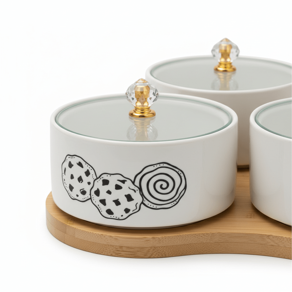 4 - Piece White Ceramic Candy Bowl Set with Black Elegant Design, Matching Lids & Bamboo Base – Premium Serving Set (21×21 cm) - Al Kabayel Discount Centre4 - Piece White Ceramic Candy Bowl Set with Black Elegant Design, Matching Lids & Bamboo Base – Premium Serving Set (21×21 cm)Jars & Food SaversAKDCAl Kabayel Discount Centre