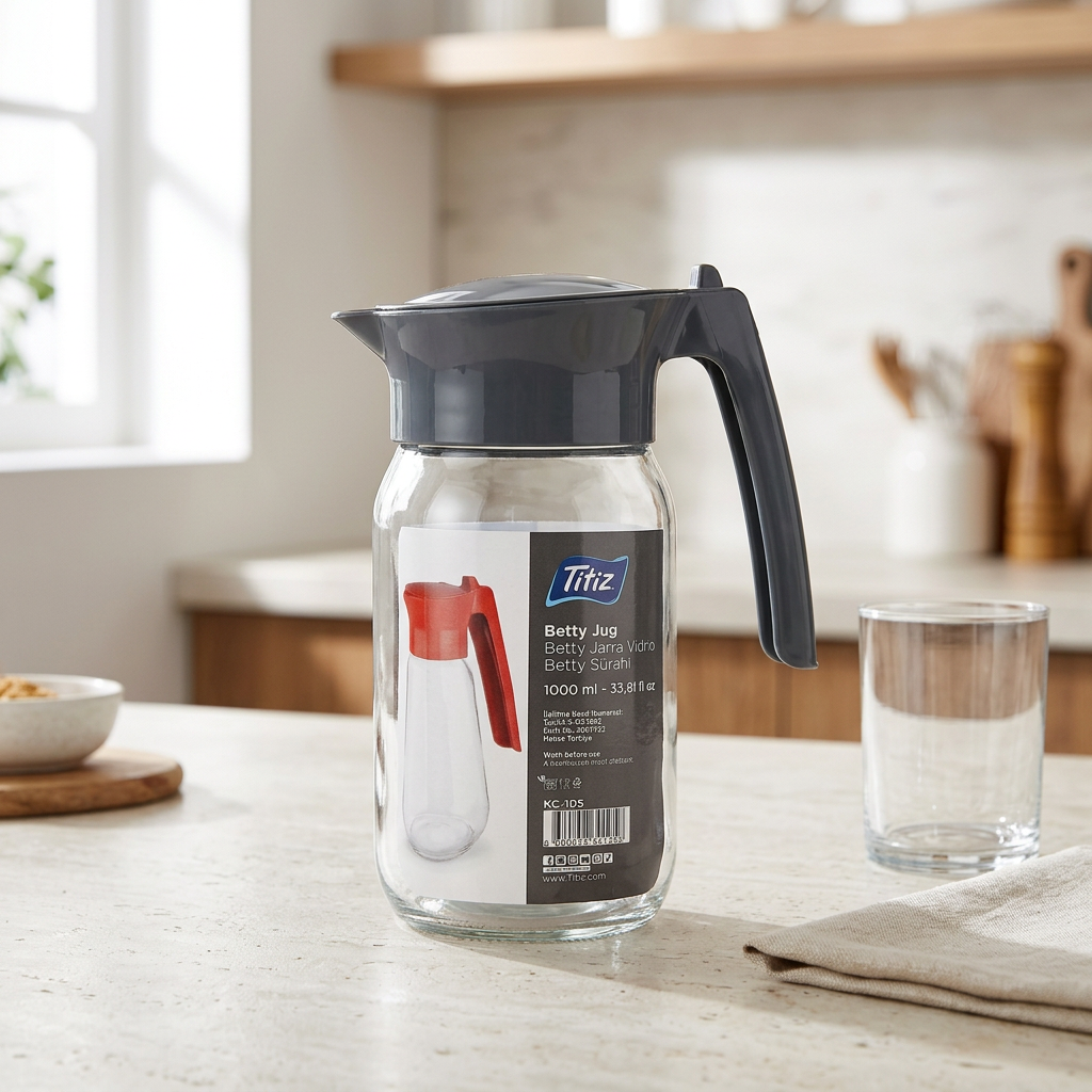 Titz Glass Jug with Black Plastic Lid & Handle Grey – 1 Litre
