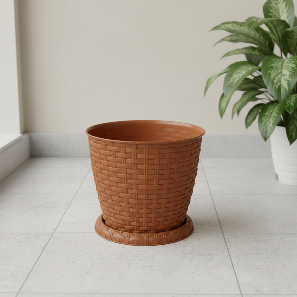 Brown Plastic Rattan Flower Pot - 17×20cm
