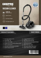 Geepas 2200 W Vacuum Cleaner- GVC19033| 3 L Dust Bag Capacity, 5 M Cord Length| Speed Control Function, Powerful Suction And Low Noise Desig| Pedal ON/OFF Switch And Auto Cord Rewinding|, Black