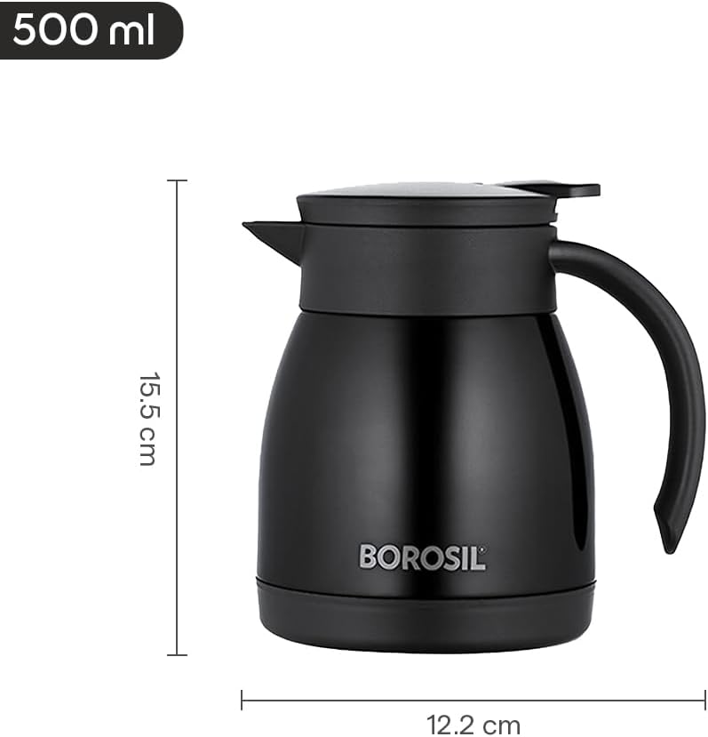 Borosil Insulated Stainless Steel Vacuum Flask Carafe, 500 ml, Black