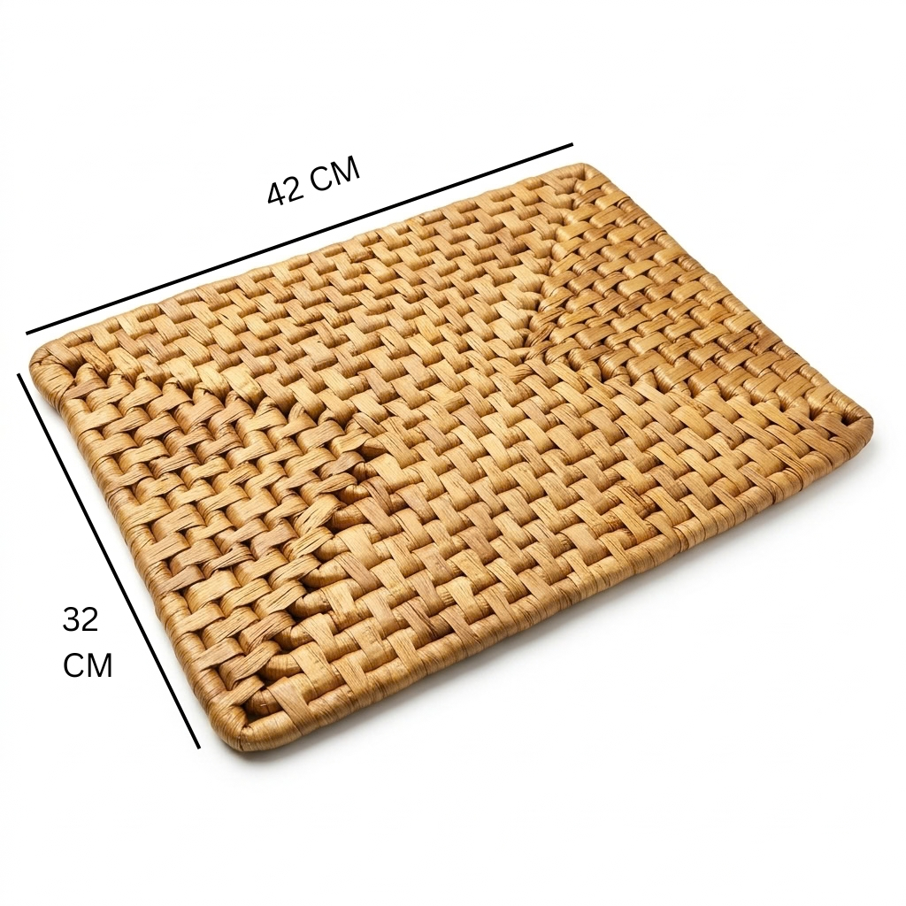 Woven Rattan Rectangular Mat – Natural, 42 × 32 cm