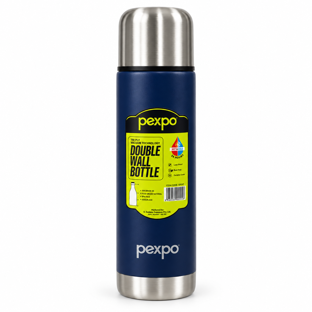 Pexpo Stainless Steel Double-Wall Vacuum Bottle Navy Blue – 1 Litre