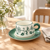 Floral Ceramic Cup and Saucer Set Green & White - 300ml