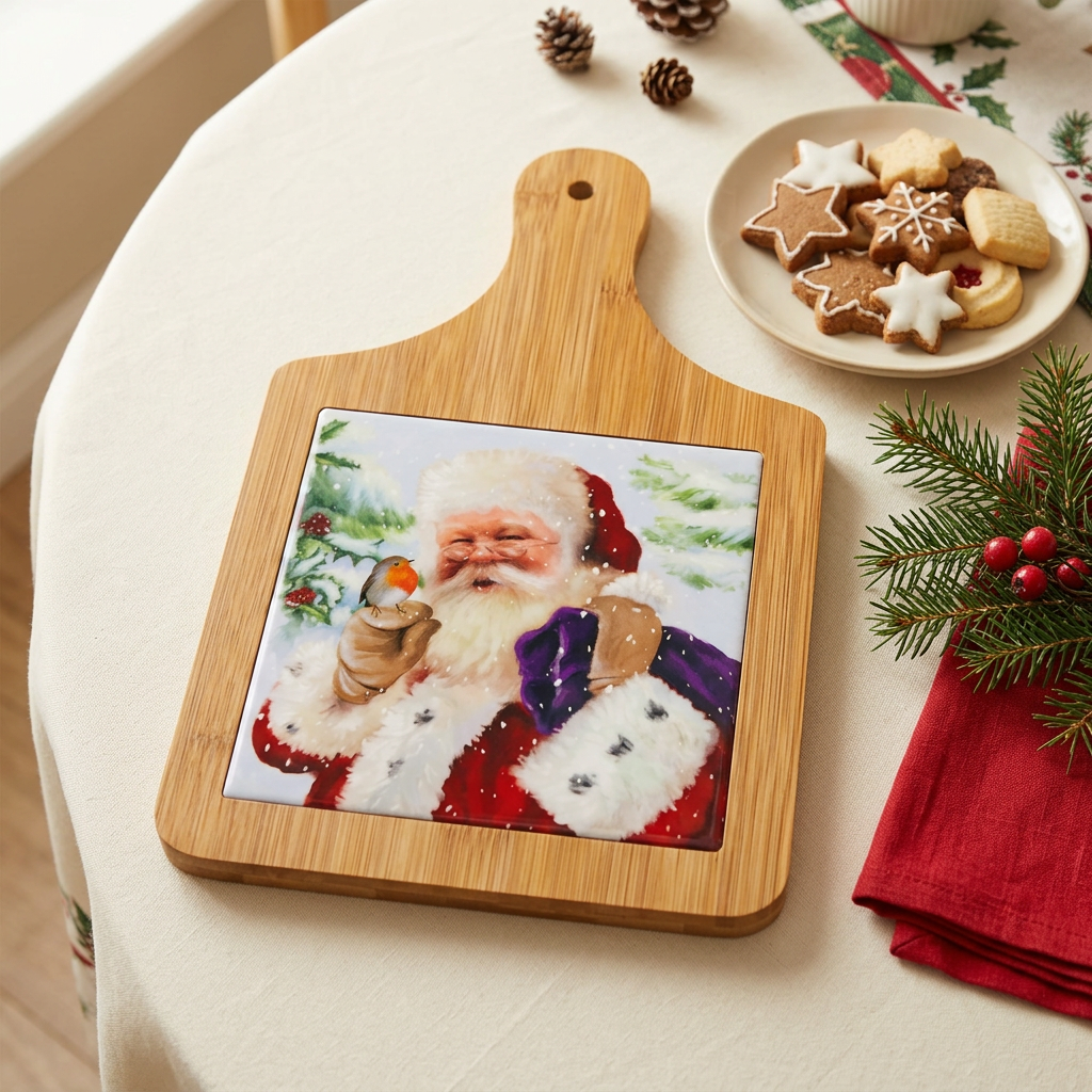 Christmas Bamboo Serving Board with Santa Design - 32×29cm