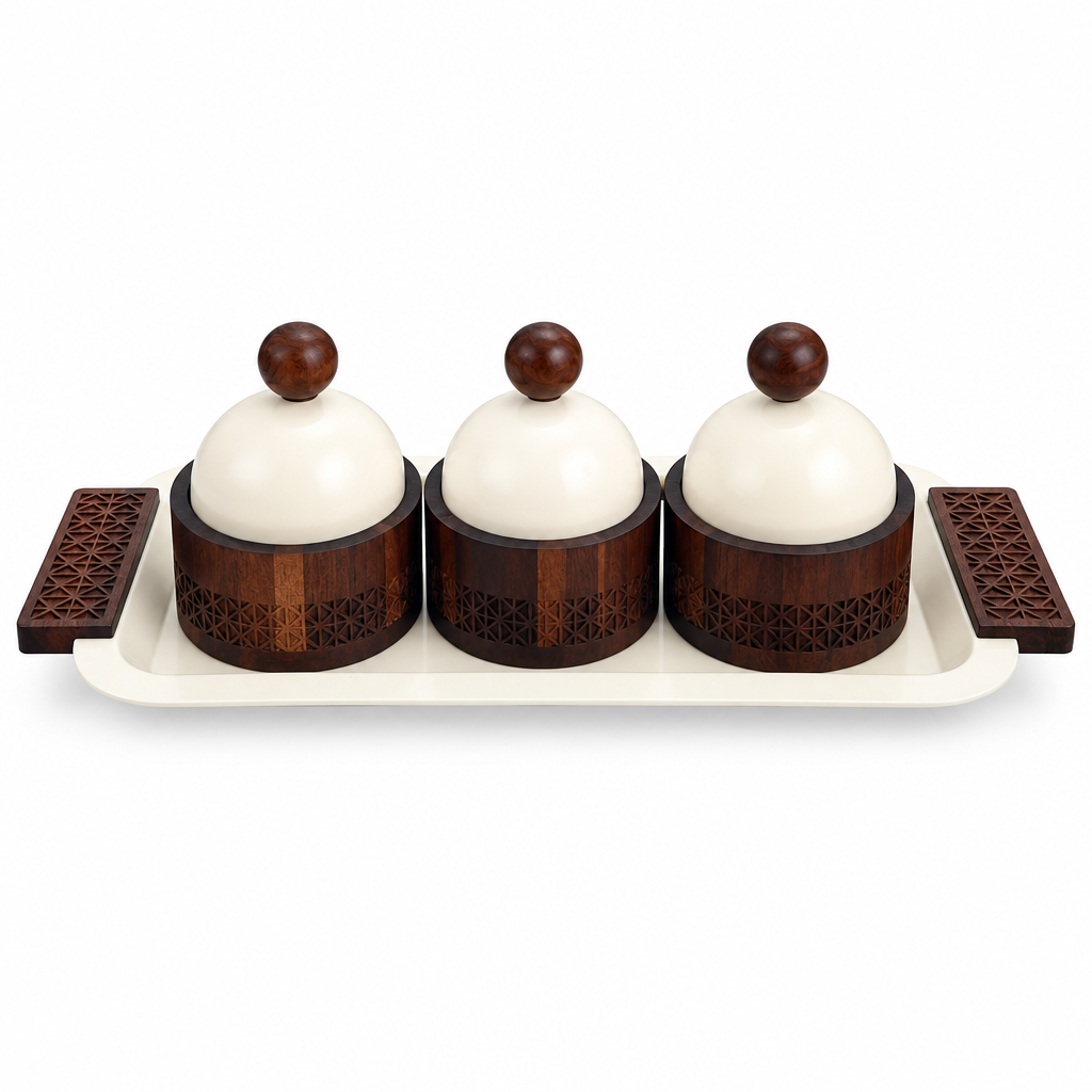 3-Piece Wooden Candy Bowl Set with Metal Tray Brown and Cream - 40×18cm