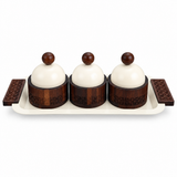 3-Piece Wooden Candy Bowl Set with Metal Tray Brown and Cream - 40×18cm