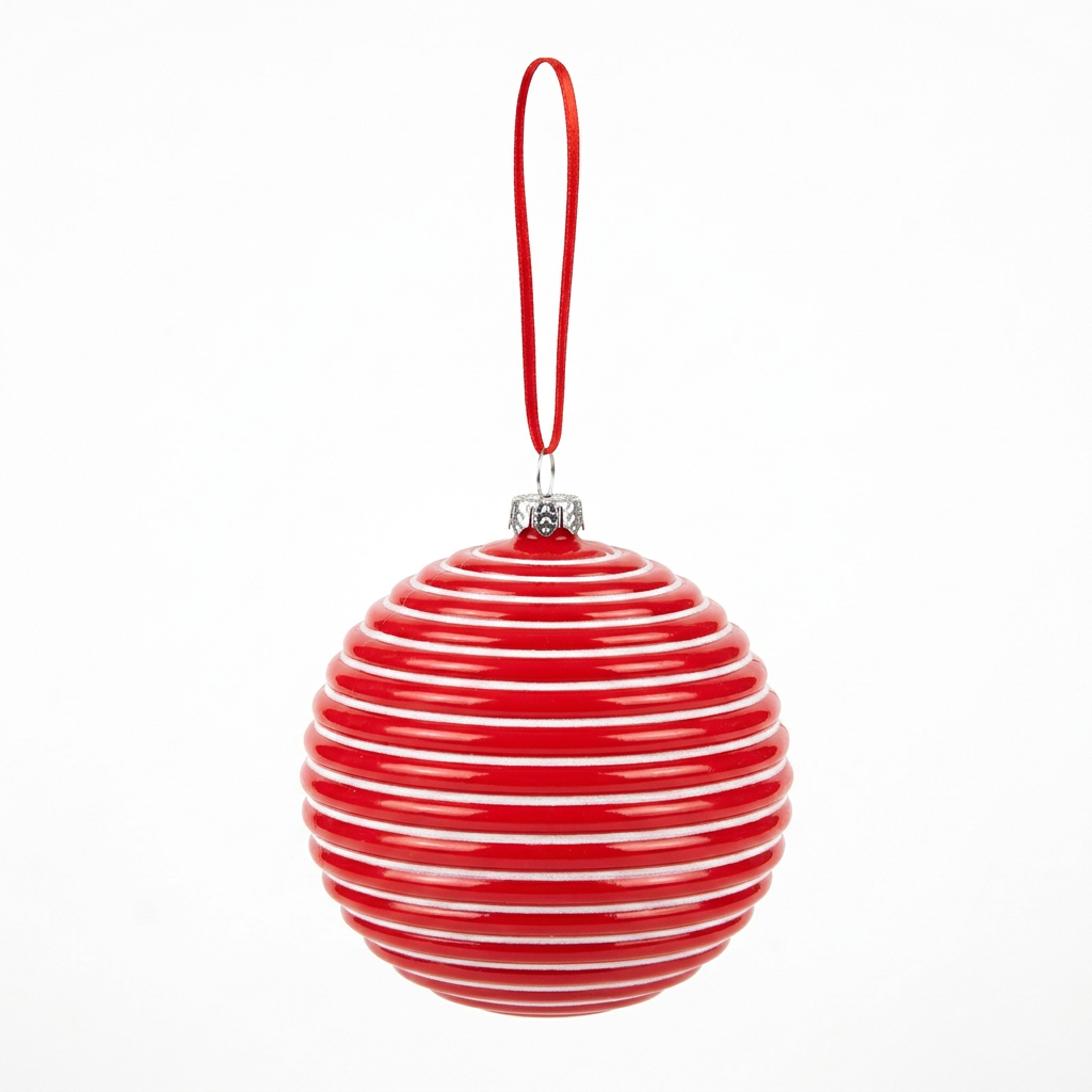 Striped Plastic Christmas Ball Hanging Decoration Red – 10cm