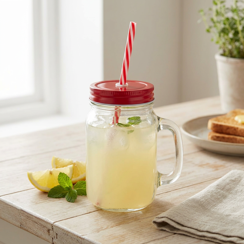 Mason Glass Jar with Handle & Straw Red - 500ml