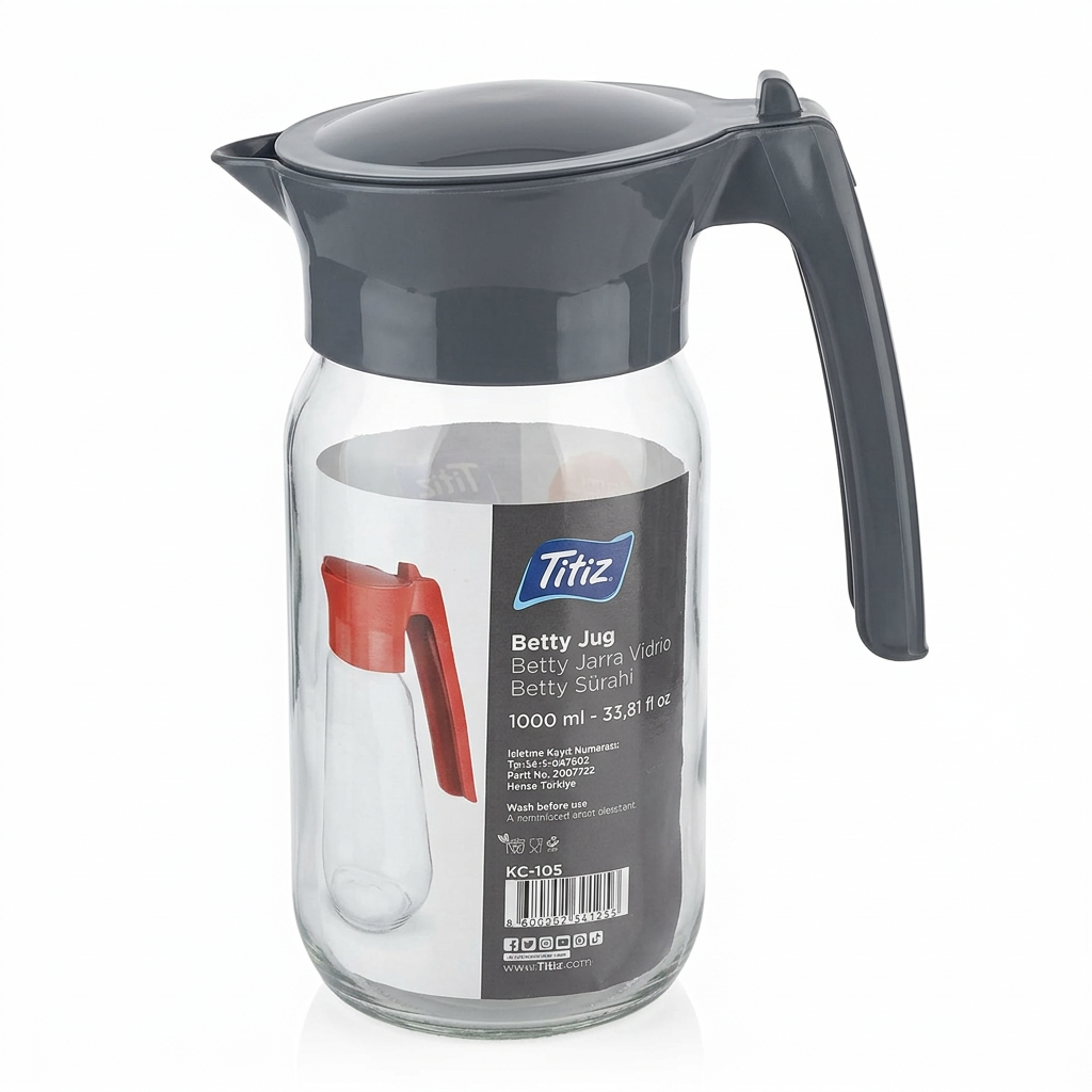 Titz Glass Jug with Black Plastic Lid & Handle Grey – 1 Litre