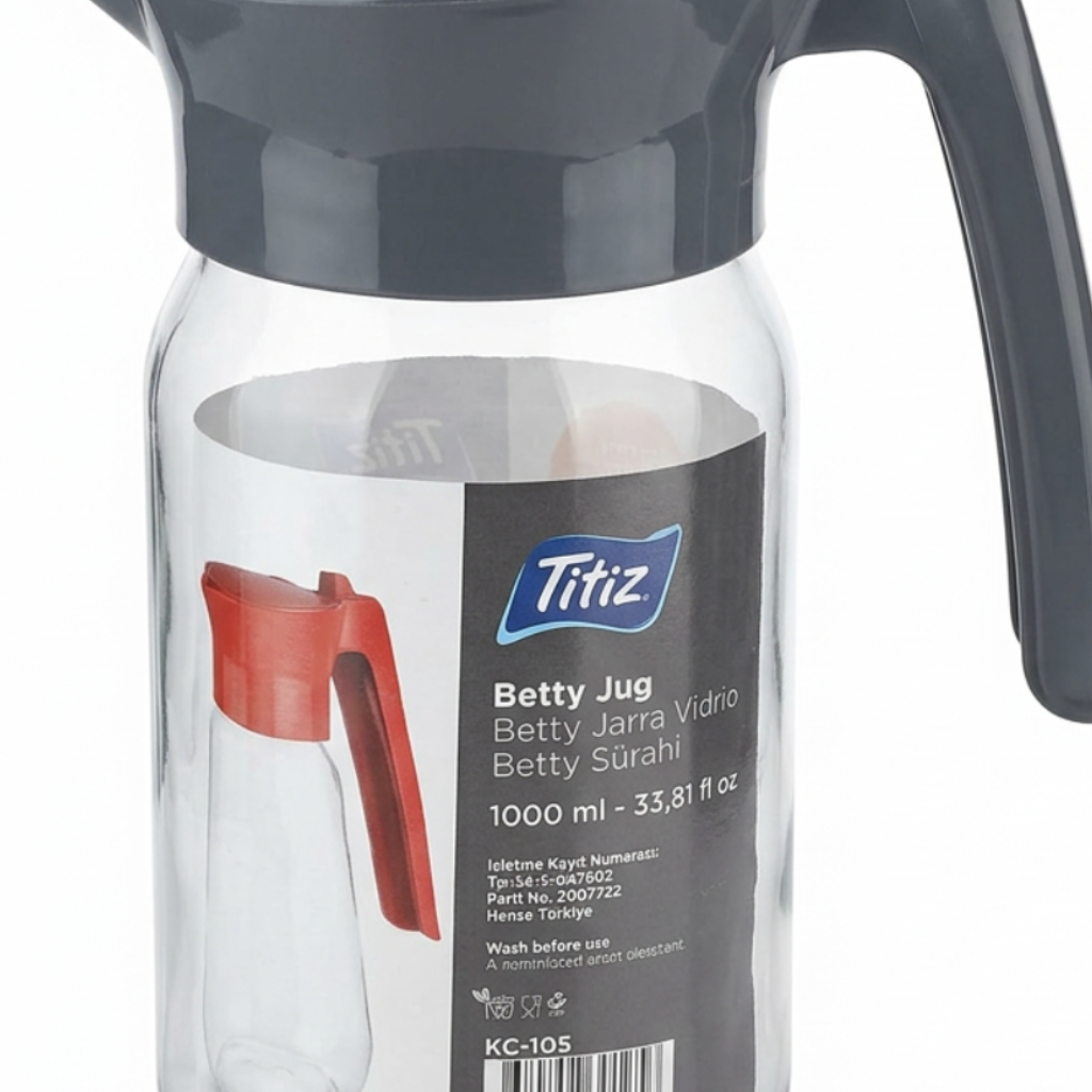 Titz Glass Jug with Black Plastic Lid & Handle Grey – 1 Litre