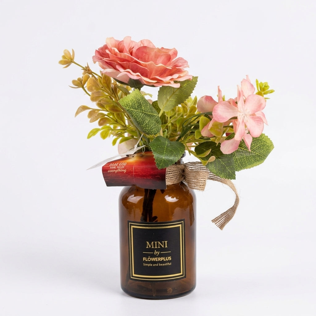 Zeem Coral Pink Artificial Flower Arrangement Glass Pot - 25 cm