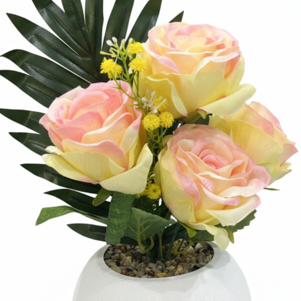Artificial Rose Flower Plant Pink & Yellow with White Plastic Pot - 30cm