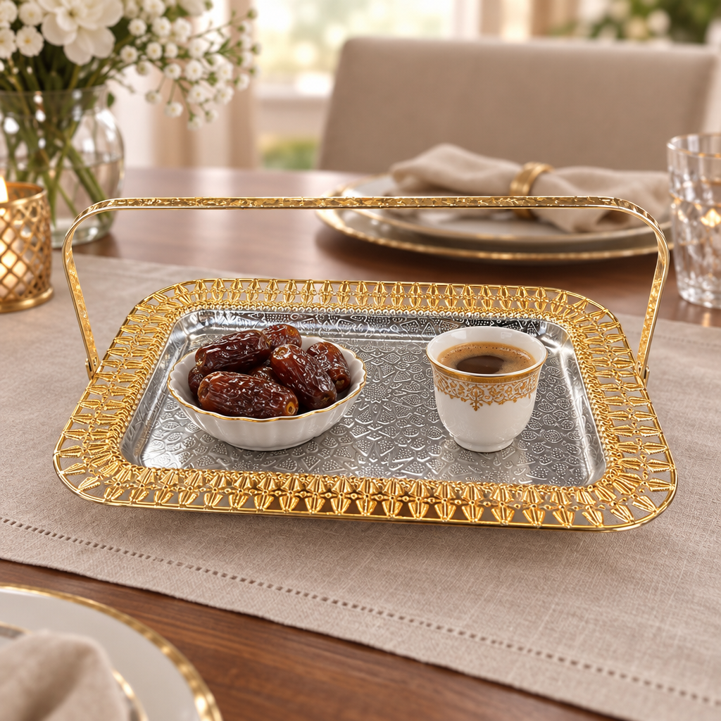 Rectangular Metal Serving Tray with Handle - 32×22cm