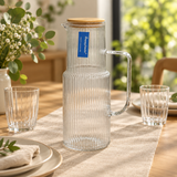 Happysmile Ribbed Glass Jug with Wooden Lid – 1 Litre