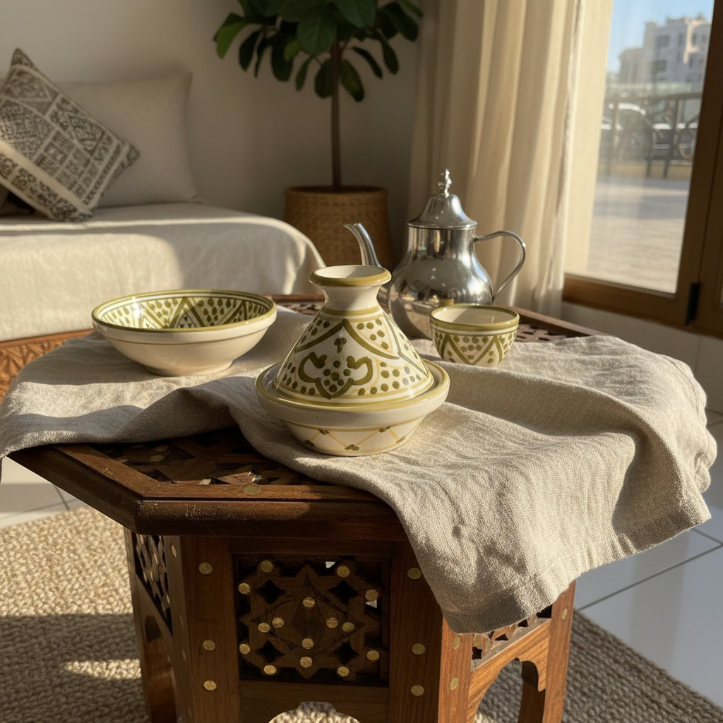 Slama Cream & Olive Gold Ceramic Tajine Set - 9 cm